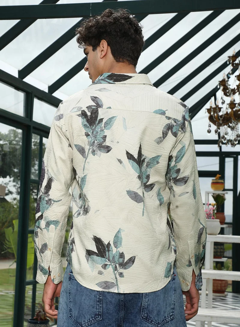 CAHOOT  Men's Forest Green & Saltbox Beige Imprinted Foliage Textured Shirt for Men | Best Price UAE