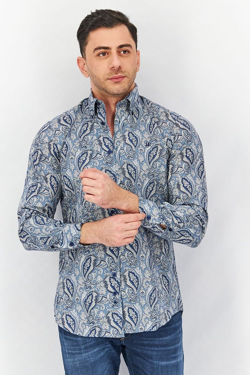 Harmont & Blaine Men Regular Fit Paisley Print Long Sleeves Casual Shirt, Blue Combo - Image 1