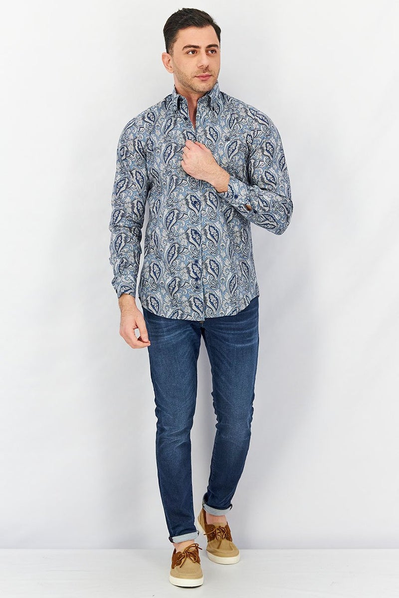 Harmont & Blaine Men Regular Fit Paisley Print Long Sleeves Casual Shirt, Blue Combo - Image 4