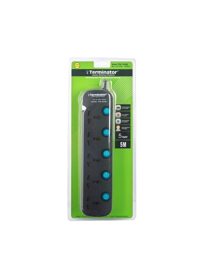 Terminator Terminator 5 Way Universal Power Extension Socket 3X1.25Mm2 Black Body & Blue Switch 5M Cable 13A Plug  - Image 1