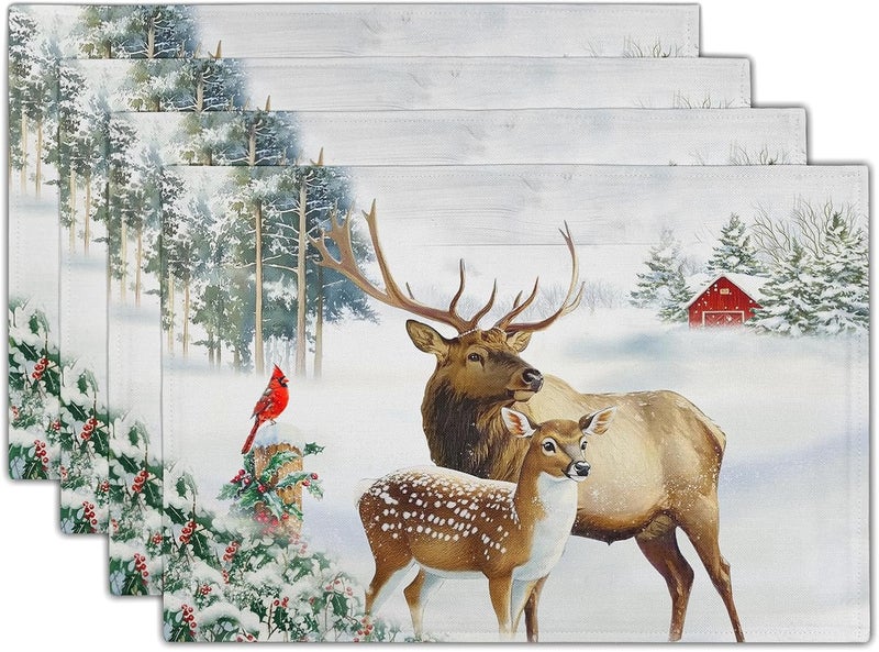 Giwawa Winter Deer Placemats Set of 4 12x18 Inch Christmas Reindeers Elk Moose Place Mat Xmas Trees Snow Wildlife Table Mats Washable Stain Resistance for Kitchen Dining Seasonal Party Decor - Image 1