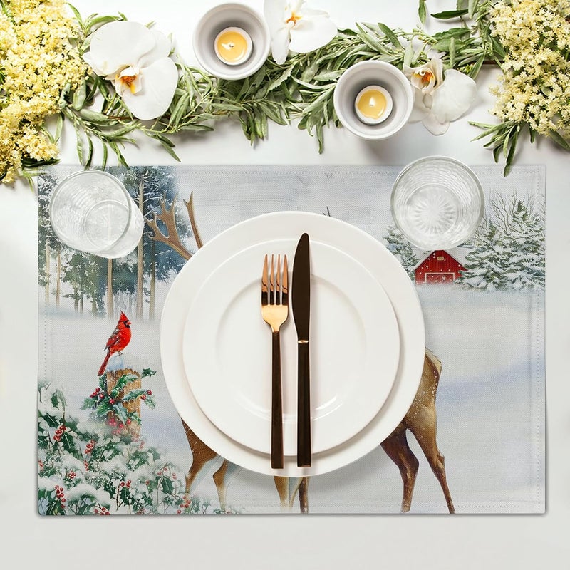 Giwawa Winter Deer Placemats Set of 4 12x18 Inch Christmas Reindeers Elk Moose Place Mat Xmas Trees Snow Wildlife Table Mats Washable Stain Resistance for Kitchen Dining Seasonal Party Decor - Image 3