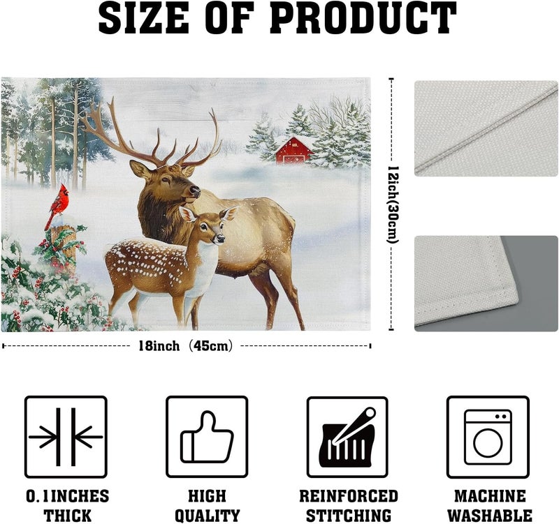 Giwawa Winter Deer Placemats Set of 4 12x18 Inch Christmas Reindeers Elk Moose Place Mat Xmas Trees Snow Wildlife Table Mats Washable Stain Resistance for Kitchen Dining Seasonal Party Decor - Image 4
