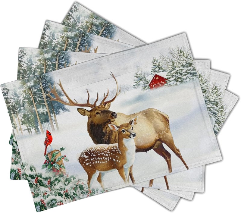 Giwawa Winter Deer Placemats Set of 4 12x18 Inch Christmas Reindeers Elk Moose Place Mat Xmas Trees Snow Wildlife Table Mats Washable Stain Resistance for Kitchen Dining Seasonal Party Decor - Image 2