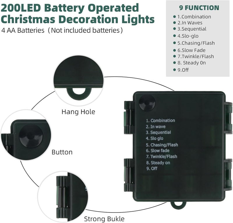 XTF2015 Christmas Lights 66FT 200 LED Battery String Lights Timer Memory Function USB and Battery Powered Waterproof String Light Easy to Carry and Install for Indoor and Outdoor Decoration Warm White - Image 3