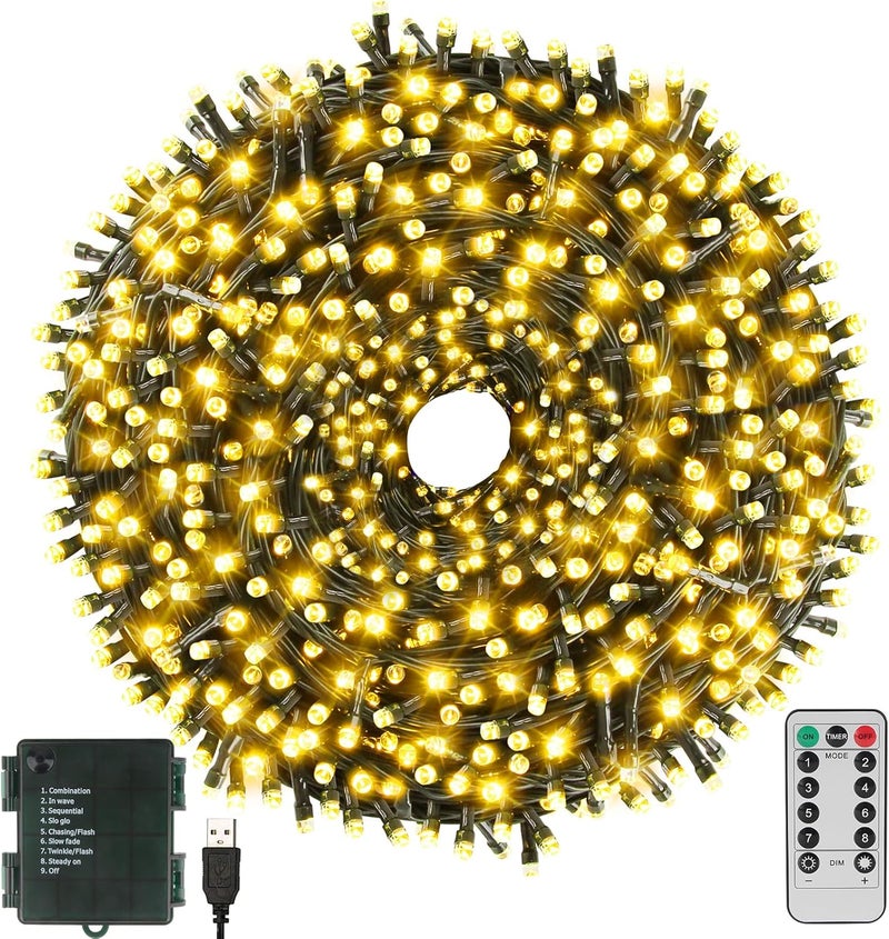 XTF2015 Christmas Lights 66FT 200 LED Battery String Lights Timer Memory Function USB and Battery Powered Waterproof String Light Easy to Carry and Install for Indoor and Outdoor Decoration Warm White - Image 1