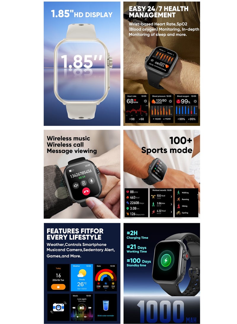 Smart Watch for Men Women, 1000mAh Battery 100-Day Standby Time, 1.85" HD Screen Fitness Tracker, 110+ Sport Modes, IP68 Waterproof, Heart Rate/Sleep Monitor, Fitness Watch for Android/iOS  - Image 3