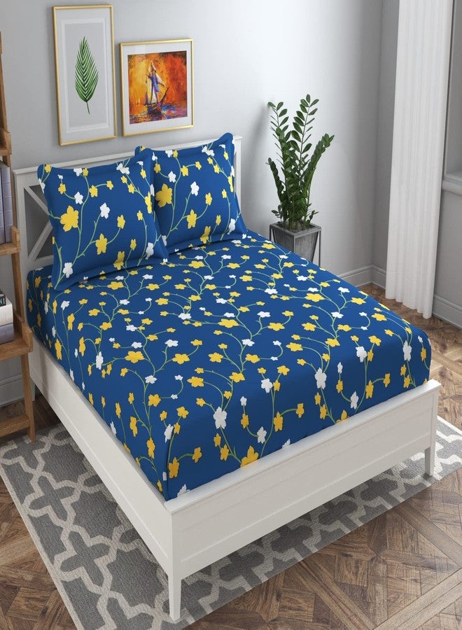 BSB HOME Floral Printed Glace Cotton 180 Tc with 200 GSM 3 Piece Bedding Set 1 Double Bedsheet 2 Pillow Covers Bedsheet Size-90 x 90 Inches Pillow Cover Size-17 x 27 Inches - Blue and Yellow - Image 1