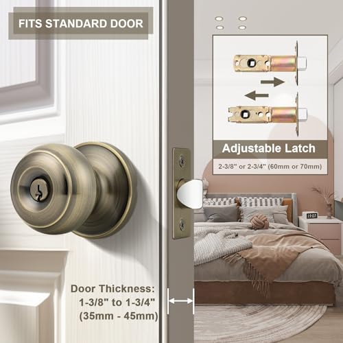 Probrico Entrance Door Knobs Door Lock Keyed Alike Lockset Antique Brass Same Key Round Ball Entry Door Knobs Pack of 3 - Image 3