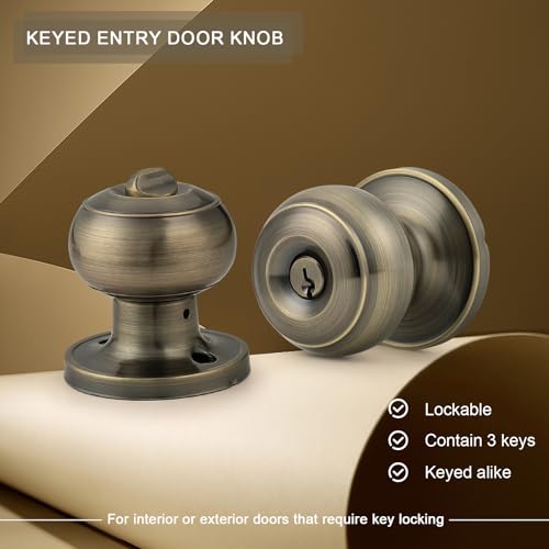 Probrico Entrance Door Knobs Door Lock Keyed Alike Lockset Antique Brass Same Key Round Ball Entry Door Knobs Pack of 3 - Image 2