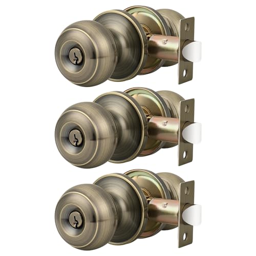 Probrico Entrance Door Knobs Door Lock Keyed Alike Lockset Antique Brass Same Key Round Ball Entry Door Knobs Pack of 3 - Image 1