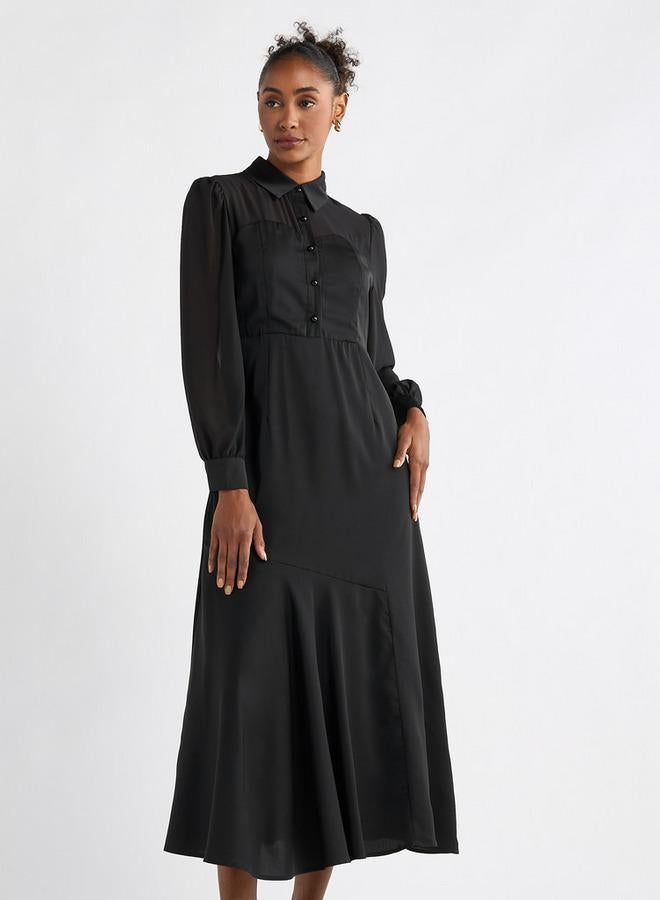 سبلاش فيڤ فستان قميص إيه لاين سادة بأكمام طويلة - Image 1