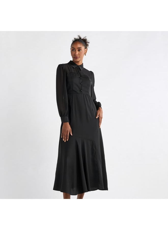 FAV - Solid A-line Shirt Dress with Long Sleeves - Image 1