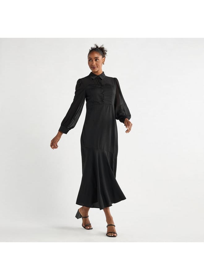 FAV - Solid A-line Shirt Dress with Long Sleeves - Image 1