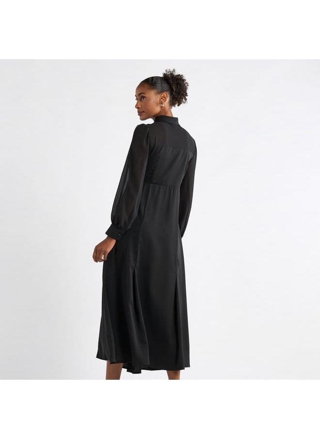 FAV - Solid A-line Shirt Dress with Long Sleeves - Image 1