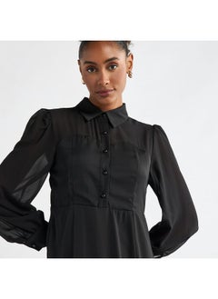 FAV Solid A-line Shirt Dress with Long Sleeves  - Image 4
