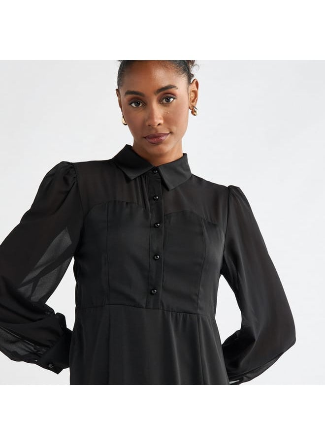 FAV - Solid A-line Shirt Dress with Long Sleeves - Image 1