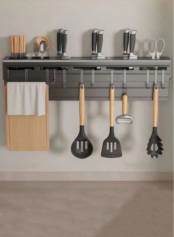 Kutis 1-Piece Kitchen Knife Storage Rack Knife Holder Kitchen Cutlery Organizer with Towel Rack and Hooks Aluminum Alloy Grey 60x7x6 cm  - Image 1