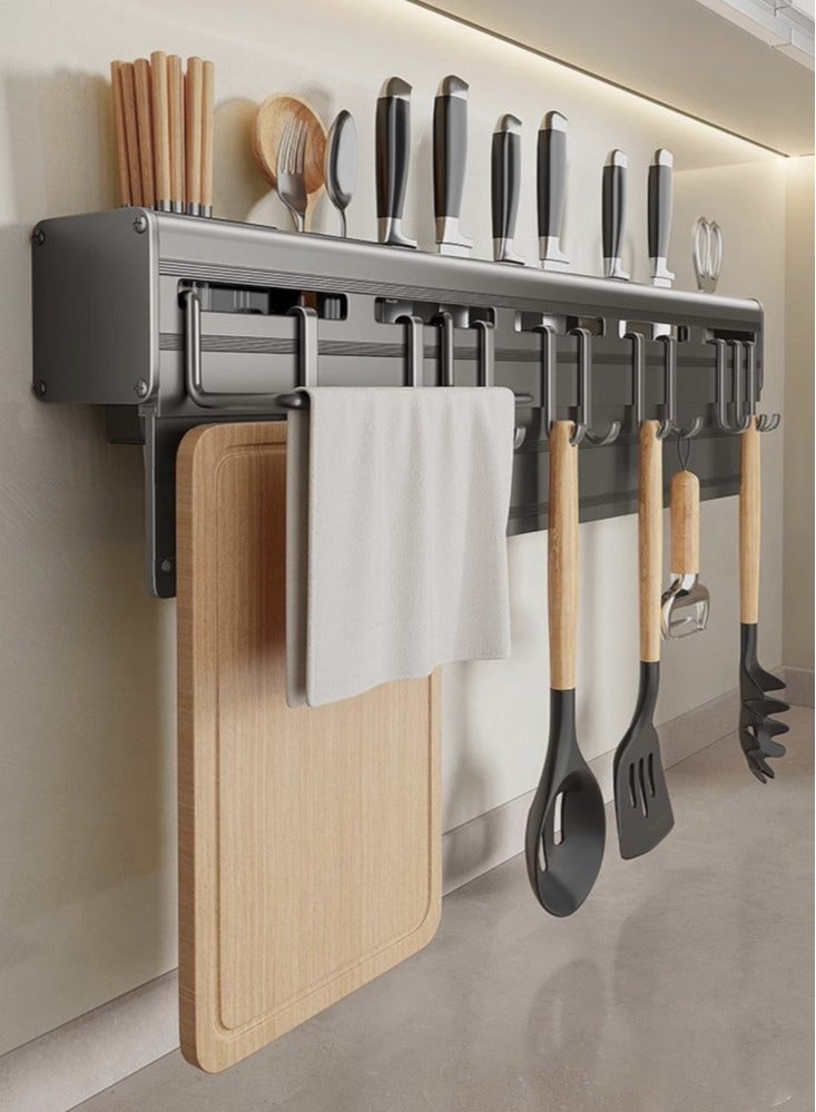 Kutis 1-Piece Kitchen Knife Storage Rack Knife Holder Kitchen Cutlery Organizer with Towel Rack and Hooks Aluminum Alloy Grey 60x7x6 cm  - Image 2