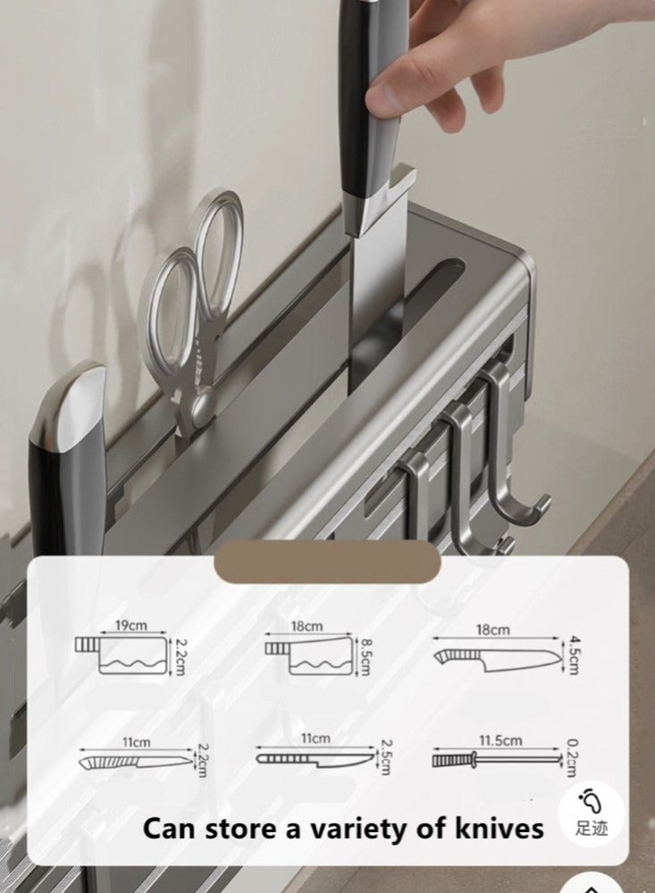 Kutis 1-Piece Kitchen Knife Storage Rack Knife Holder Kitchen Cutlery Organizer with Towel Rack and Hooks Aluminum Alloy Grey 60x7x6 cm  - Image 4