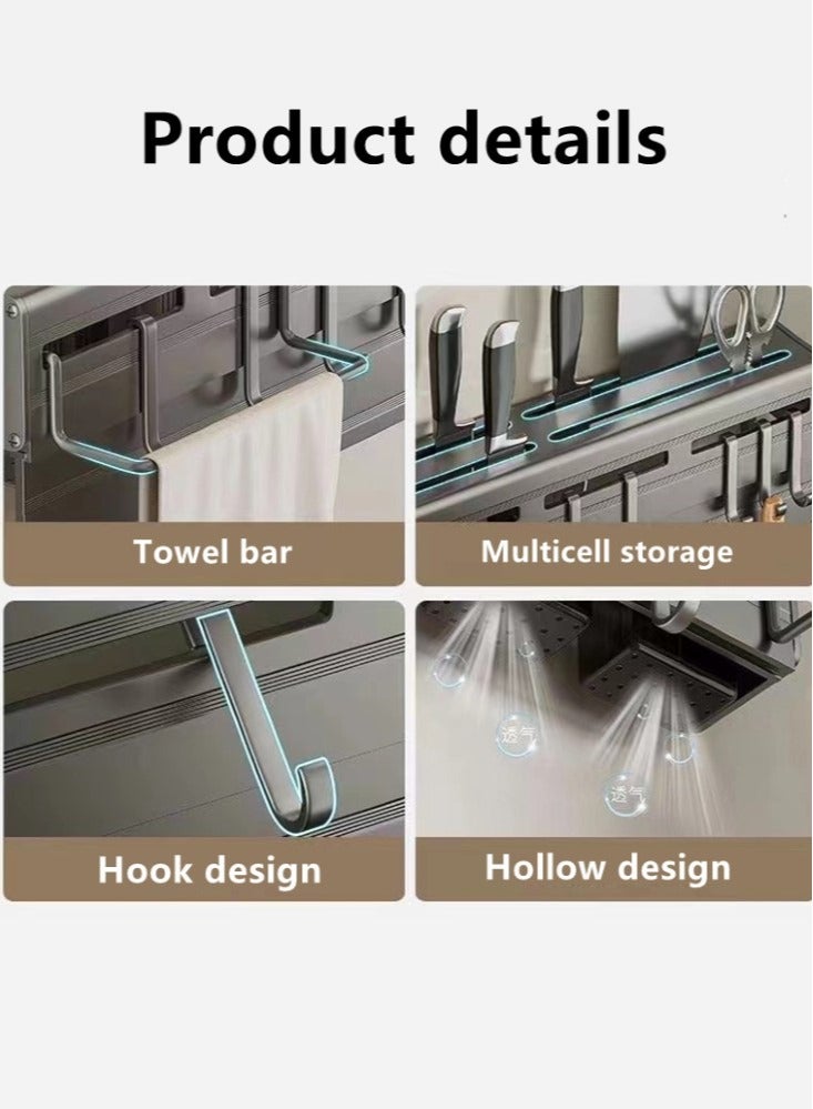 Kutis 1-Piece Kitchen Knife Storage Rack Knife Holder Kitchen Cutlery Organizer with Towel Rack and Hooks Aluminum Alloy Grey 60x7x6 cm  - Image 5