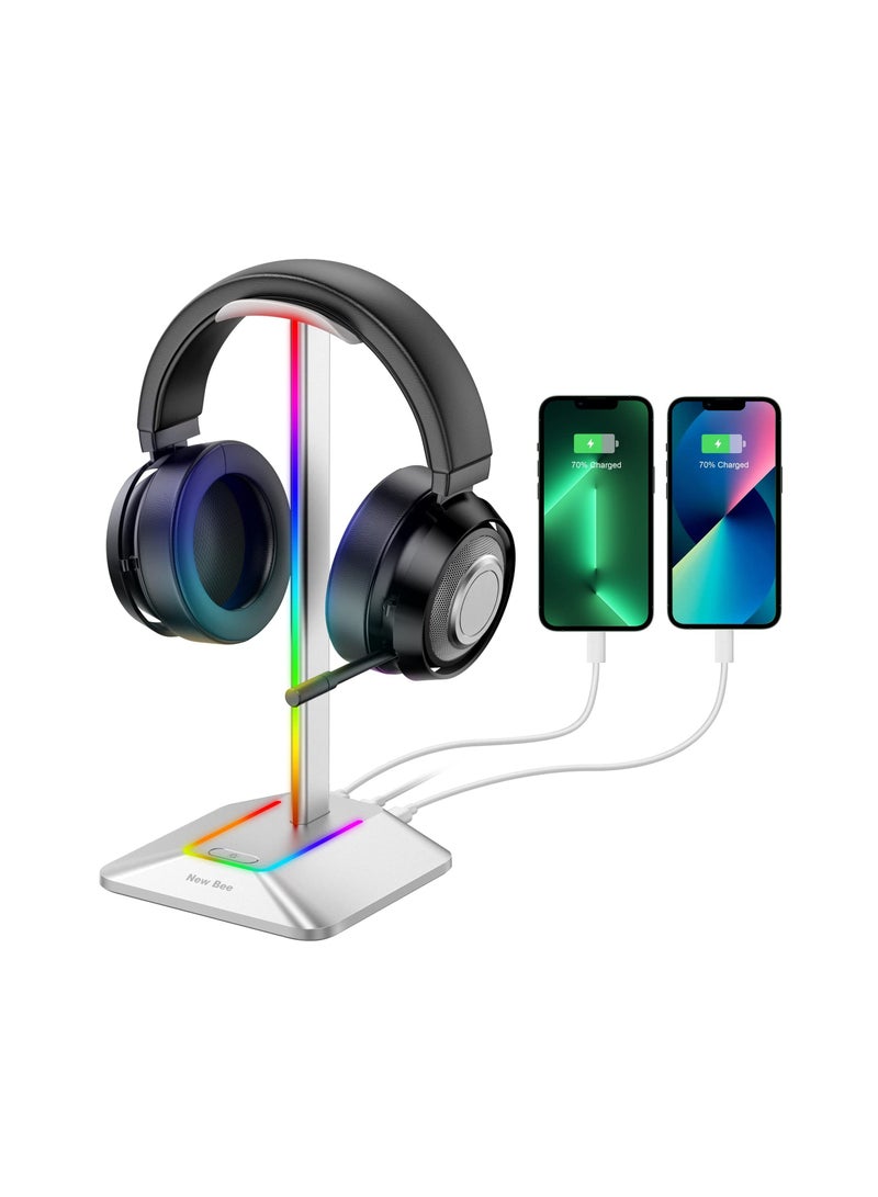 Headphone Stand RGB Headset Holder with 1 USB-C Charging Port and 1 USB Charging Port, Headset Stand Gaming with 7 Light Modes Suitable for All Earphone Accessories (Silvery) - Image 1