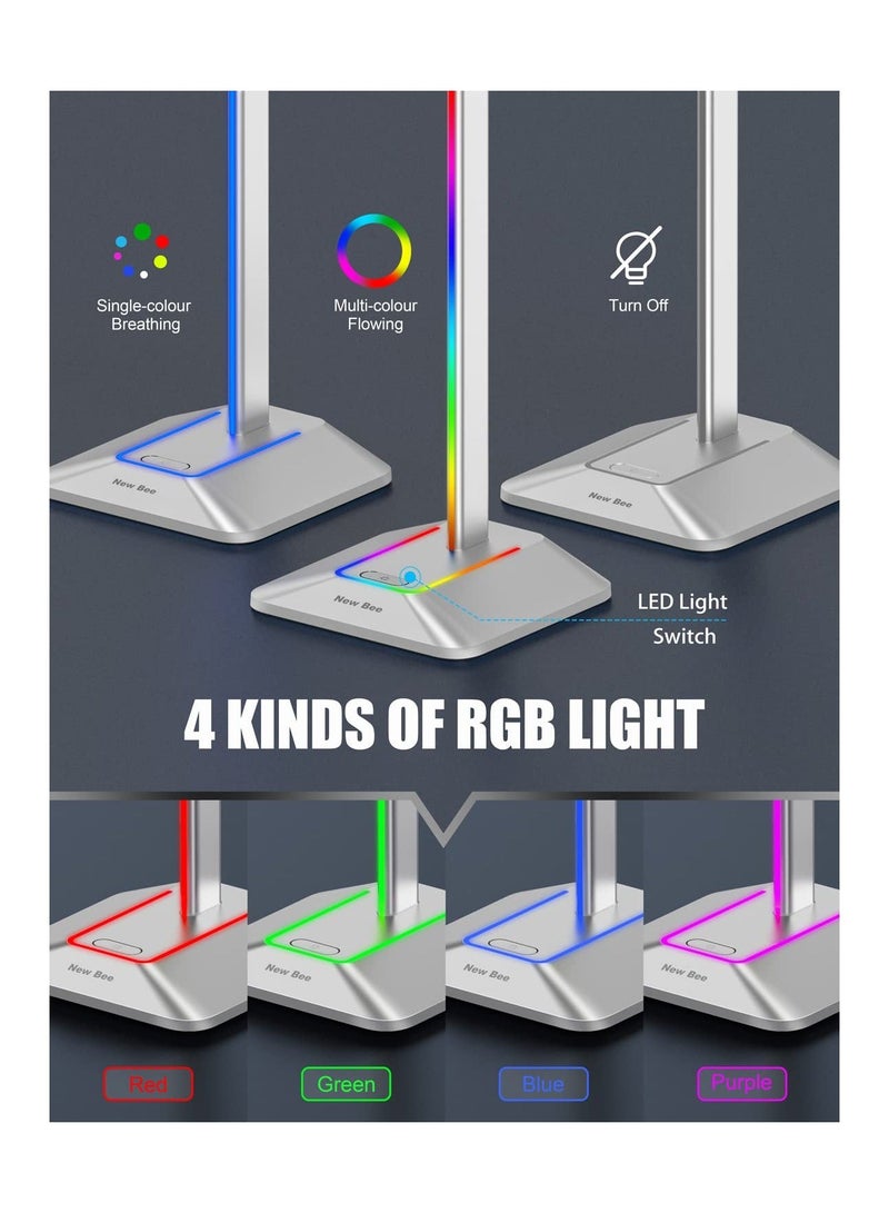 Headphone Stand RGB Headset Holder with 1 USB-C Charging Port and 1 USB Charging Port, Headset Stand Gaming with 7 Light Modes Suitable for All Earphone Accessories (Silvery) - Image 2