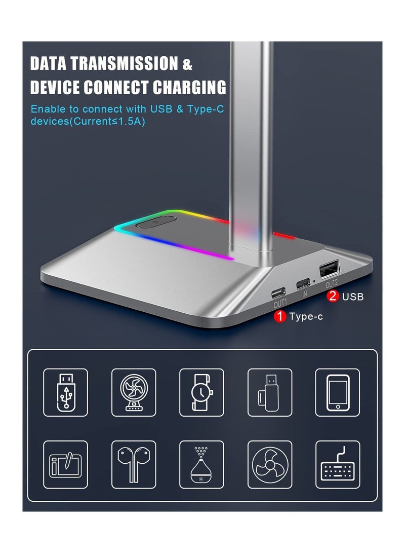 Headphone Stand RGB Headset Holder with 1 USB-C Charging Port and 1 USB Charging Port, Headset Stand Gaming with 7 Light Modes Suitable for All Earphone Accessories (Silvery) - Image 3