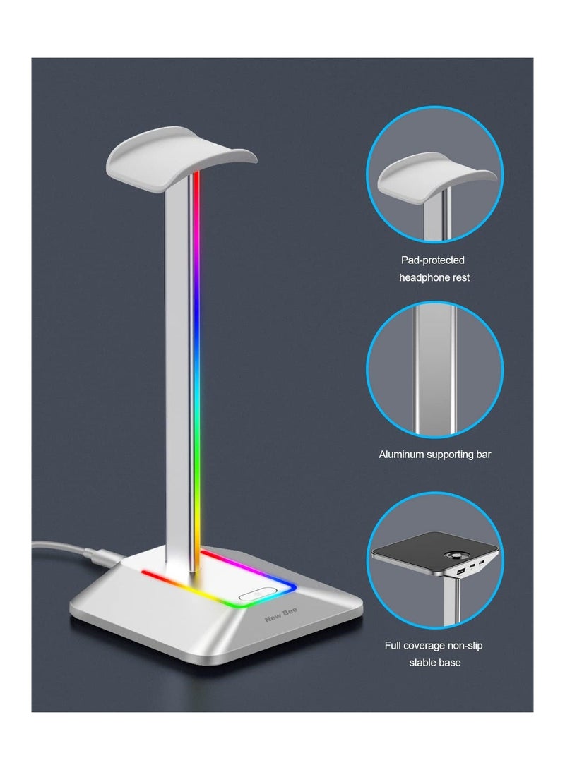 Headphone Stand RGB Headset Holder with 1 USB-C Charging Port and 1 USB Charging Port, Headset Stand Gaming with 7 Light Modes Suitable for All Earphone Accessories (Silvery) - Image 4