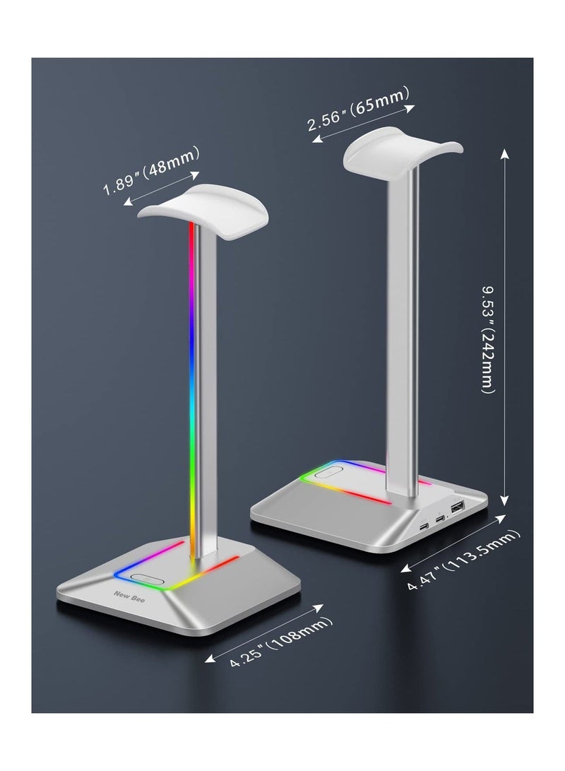 Headphone Stand RGB Headset Holder with 1 USB-C Charging Port and 1 USB Charging Port, Headset Stand Gaming with 7 Light Modes Suitable for All Earphone Accessories (Silvery) - Image 5