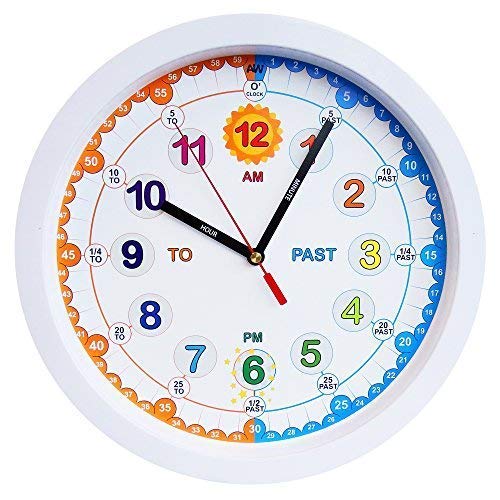 Amonev Time Teacher Clock Children Silent Wall Clock, Easy to Read Clock with Non Ticking Movement. Teach Children How to Read an Analogue Clock (White) - Image 1