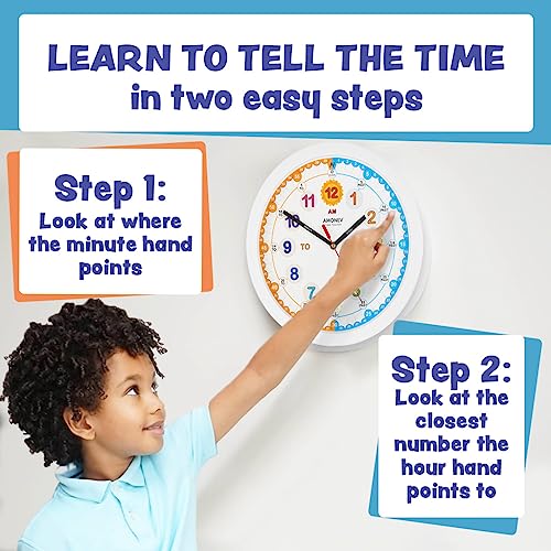 Amonev Time Teacher Clock Children Silent Wall Clock, Easy to Read Clock with Non Ticking Movement. Teach Children How to Read an Analogue Clock (White) - Image 2