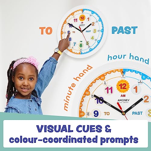 Amonev Time Teacher Clock Children Silent Wall Clock, Easy to Read Clock with Non Ticking Movement. Teach Children How to Read an Analogue Clock (White) - Image 4