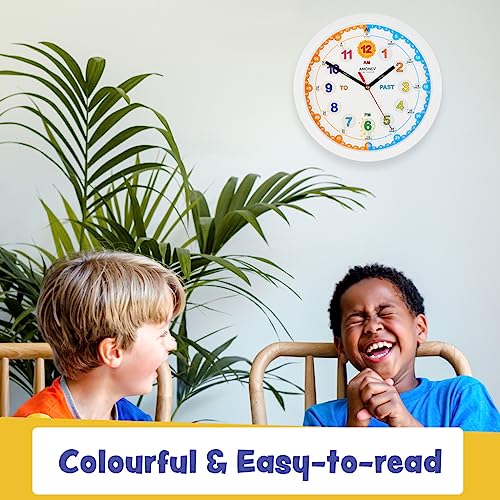 Amonev Time Teacher Clock Children Silent Wall Clock, Easy to Read Clock with Non Ticking Movement. Teach Children How to Read an Analogue Clock (White) - Image 3