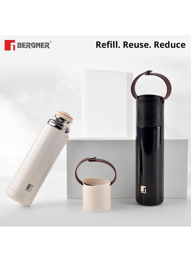 BERGNER - Bergner Walking 500 ml Thermo Steel Bottle/Flask, Hot/Cold, Vacuum Insulated, For Water/Coffee/Tea/Soup/Juice, Use in Office/Commute/Sports/Travel, Press Button Lid, Carry Strap, Steel Grey, Rust/Leak Proof - Image 1