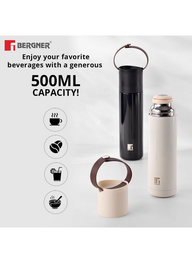 BERGNER - Bergner Walking 500 ml Thermo Steel Bottle/Flask, Hot/Cold, Vacuum Insulated, For Water/Coffee/Tea/Soup/Juice, Use in Office/Commute/Sports/Travel, Press Button Lid, Carry Strap, Steel Grey, Rust/Leak Proof - Image 1