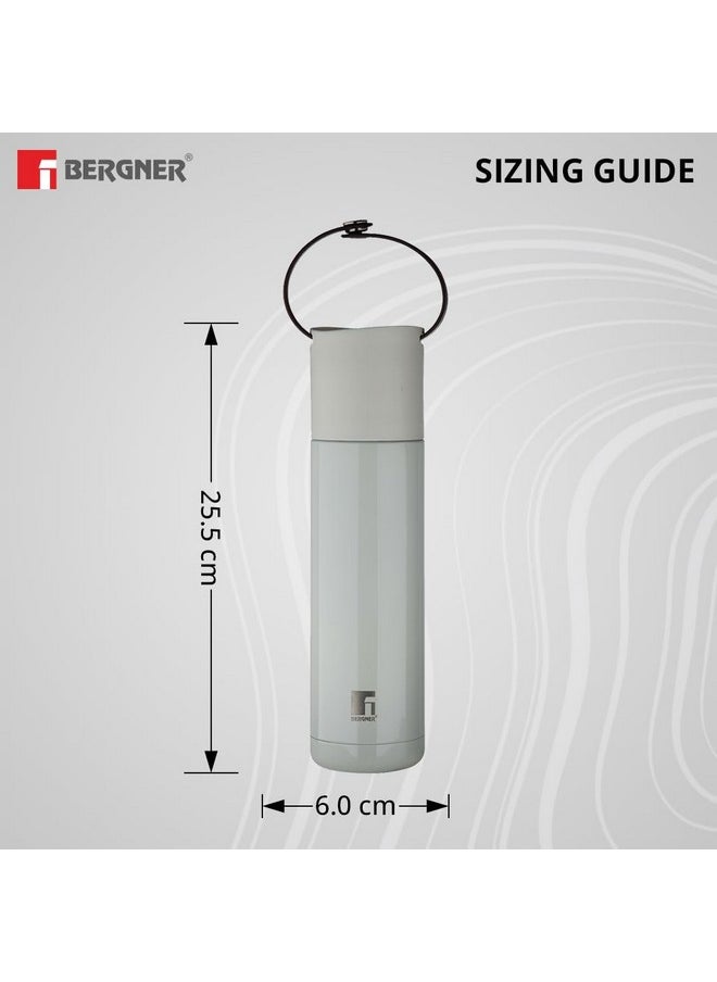 BERGNER - Bergner Walking 500 ml Thermo Steel Bottle/Flask, Hot/Cold, Vacuum Insulated, For Water/Coffee/Tea/Soup/Juice, Use in Office/Commute/Sports/Travel, Press Button Lid, Carry Strap, Steel Grey, Rust/Leak Proof - Image 1