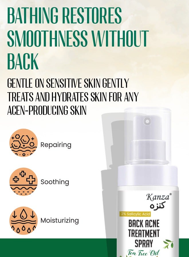 Kanza بخاخ علاج حب الشباب في الظهر 120 مل 2% حمض الساليسيليك علاج حب الشباب في الجسم مع تركيبة عشبية بخاخ حب الشباب في الظهر محلول زيت شجرة الشاي بخاخ مهدئ ومرطب للبشرة الحساسة - Image 2