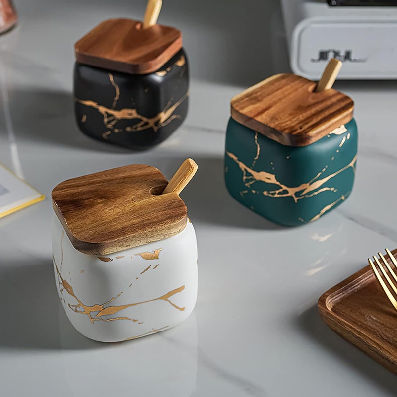 JFFLYIT 2 Sets of Marble Ceramic Sugar Bowl Ceramic Seasoning Jars with Wooden Lid and Wooden Spoon(Black and White) - Image 3