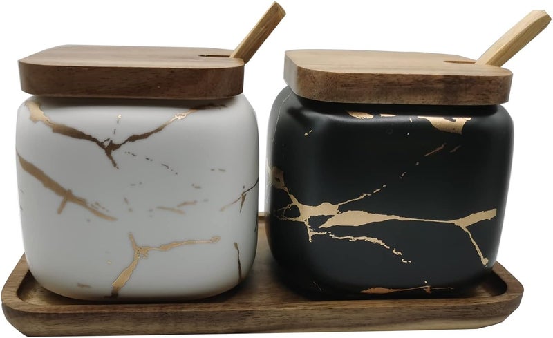 JFFLYIT 2 Sets of Marble Ceramic Sugar Bowl Ceramic Seasoning Jars with Wooden Lid and Wooden Spoon(Black and White) - Image 1