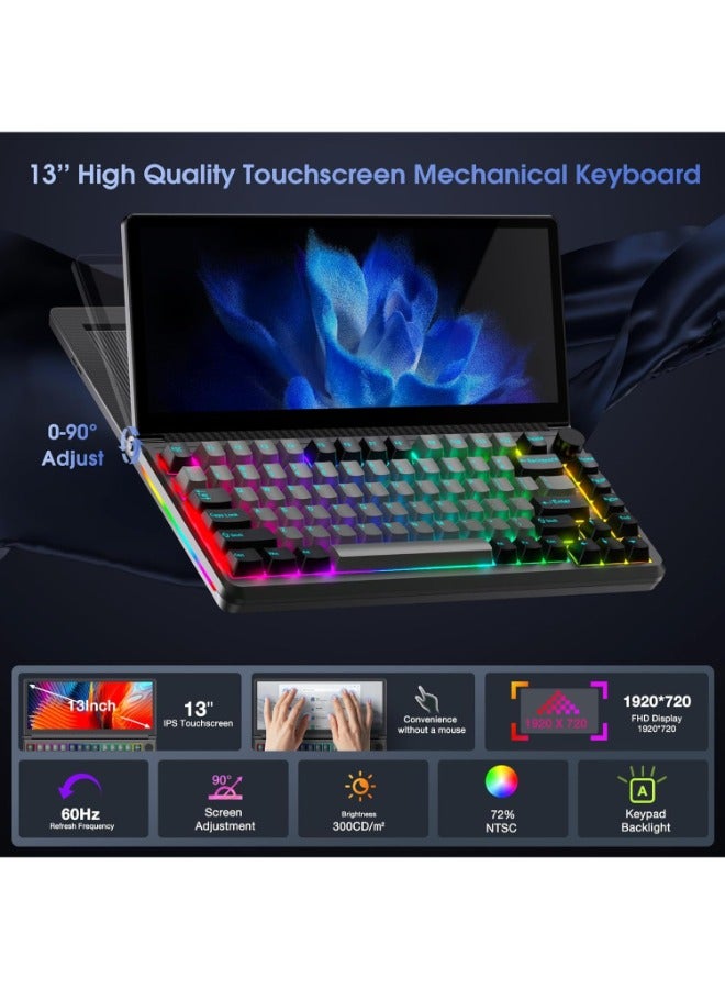 V2COM Touchscreen Mechanical Gaming Keyboard- K3 Portable Monitor Multifunctional Keyboard with 13'' Touchscreen USB/SSD Expansion Compact 82 Keys RGB LED Backlight FN-Key for Windows Mac Android