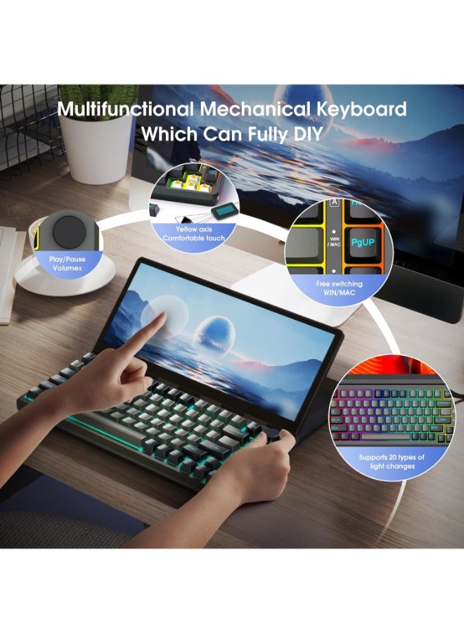 V2COM Touchscreen Mechanical Gaming Keyboard- K3 Portable Monitor Multifunctional Keyboard with 13'' Touchscreen USB/SSD Expansion Compact 82 Keys RGB LED Backlight FN-Key for Windows Mac Android