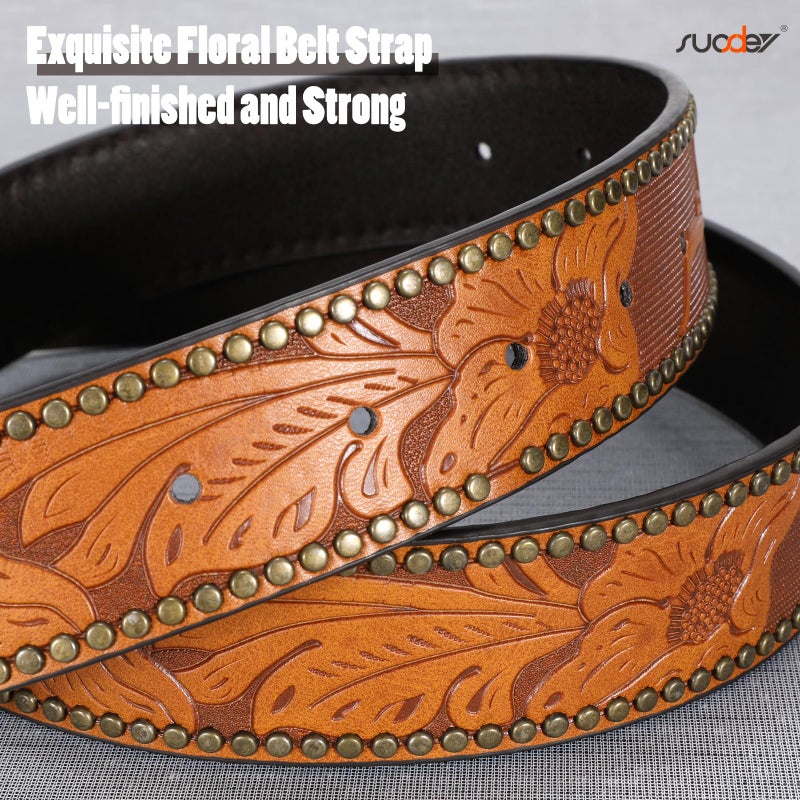 SUOSDEY Women Western Leather Belt, Cowboy Cowgirl Belt for Jeans Pants Longhorn Bull Big Buckle Belt brown - Image 4