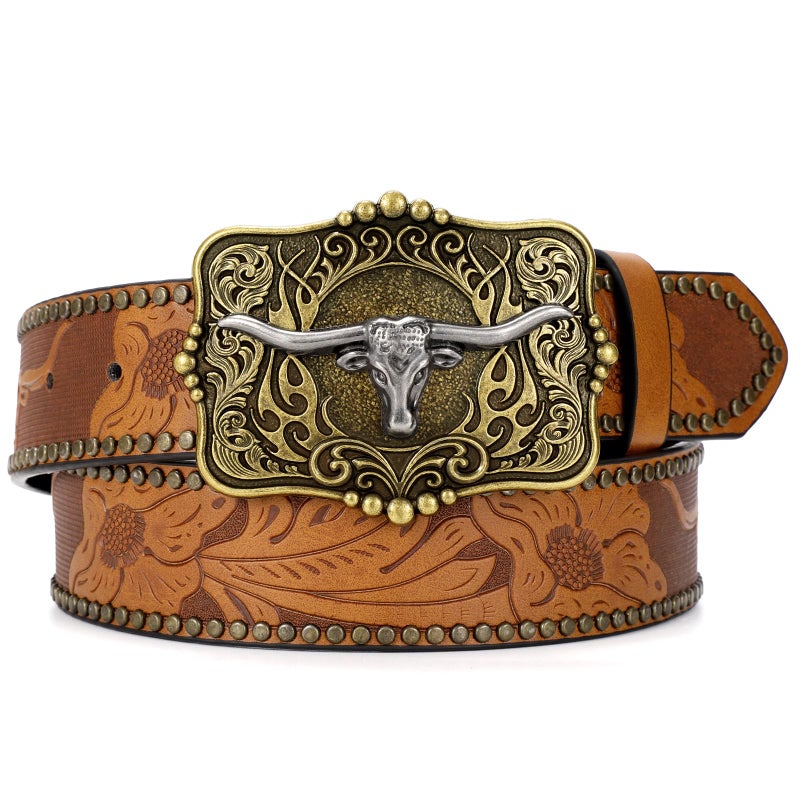 SUOSDEY Women Western Leather Belt, Cowboy Cowgirl Belt for Jeans Pants Longhorn Bull Big Buckle Belt brown - Image 1