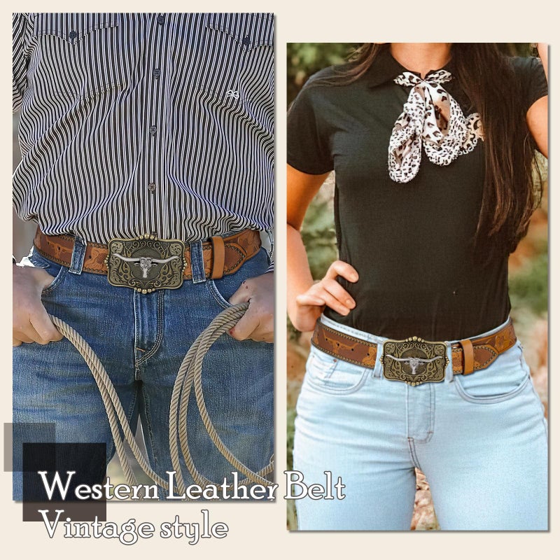 SUOSDEY Women Western Leather Belt, Cowboy Cowgirl Belt for Jeans Pants Longhorn Bull Big Buckle Belt brown - Image 2
