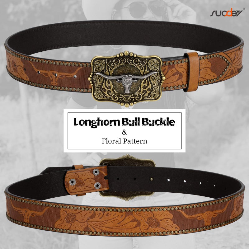 SUOSDEY Women Western Leather Belt, Cowboy Cowgirl Belt for Jeans Pants Longhorn Bull Big Buckle Belt brown - Image 5