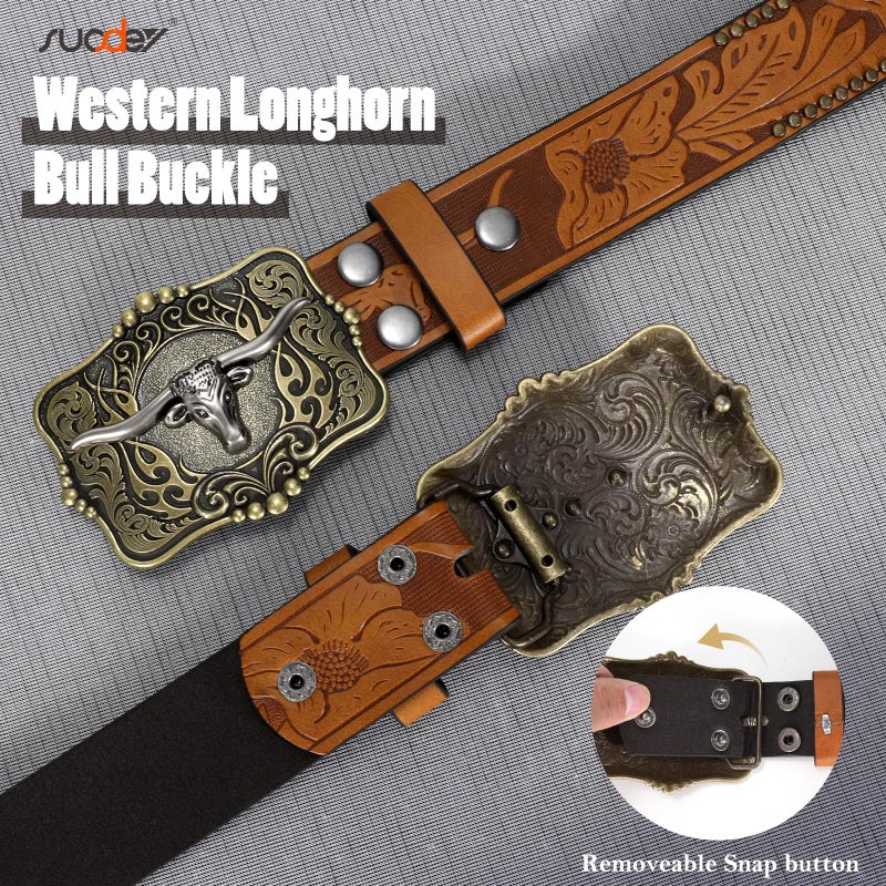 SUOSDEY Women Western Leather Belt, Cowboy Cowgirl Belt for Jeans Pants Longhorn Bull Big Buckle Belt brown - Image 3