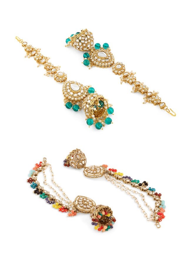 ZAVERI PEARLS Combo of 2 Multicolor Stones Beads Statement Jhumka With Ear Chain Earrings For Women-ZPFK22025 - Image 5