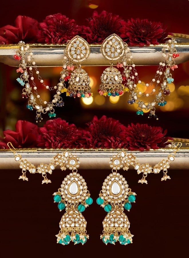 ZAVERI PEARLS Combo of 2 Multicolor Stones Beads Statement Jhumka With Ear Chain Earrings For Women-ZPFK22025 - Image 2