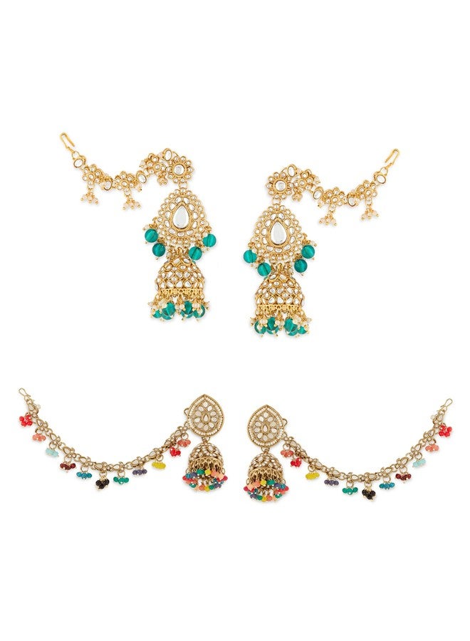 ZAVERI PEARLS Combo of 2 Multicolor Stones Beads Statement Jhumka With Ear Chain Earrings For Women-ZPFK22025 - Image 1